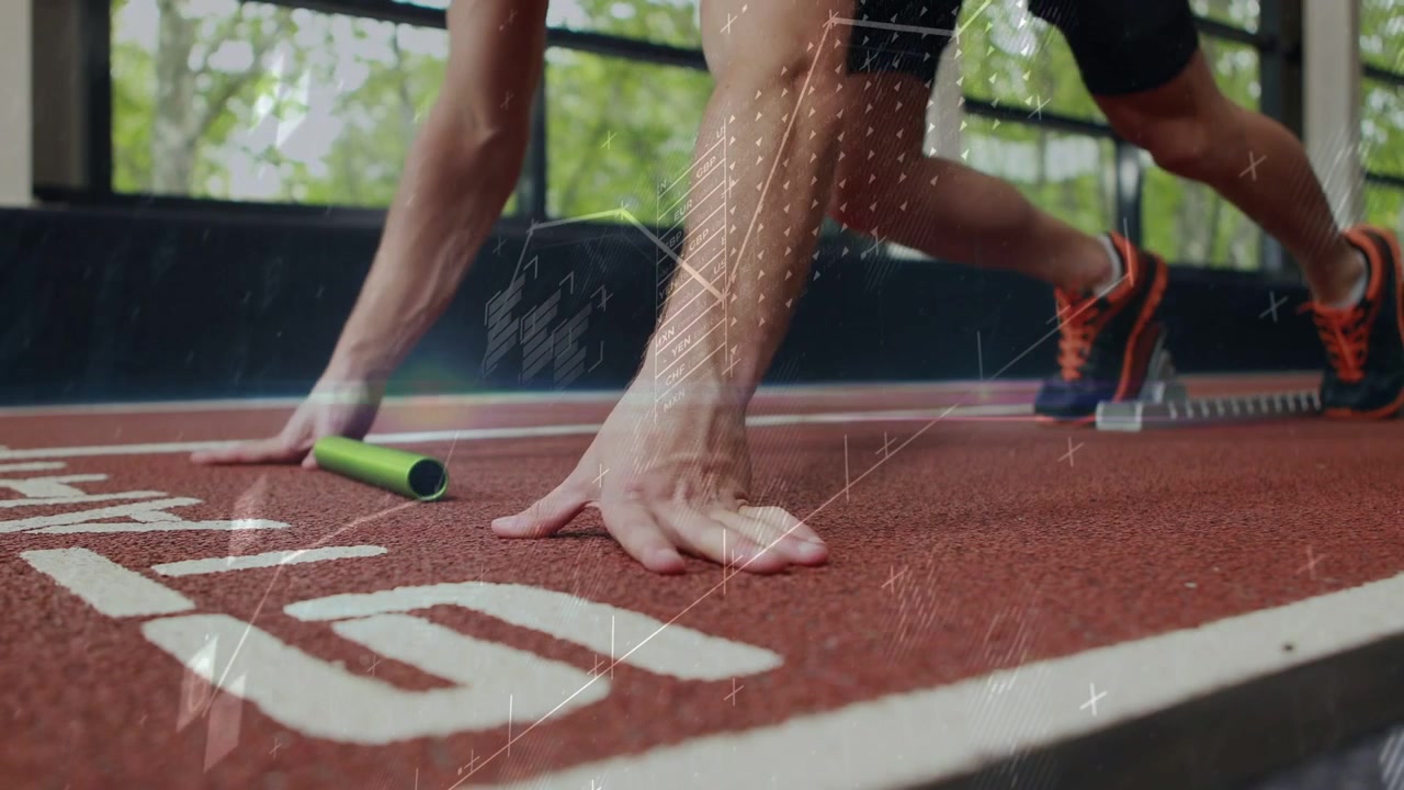 3D sprinter reaching forward to pick green baton, planting hands and bracing feet for relay start