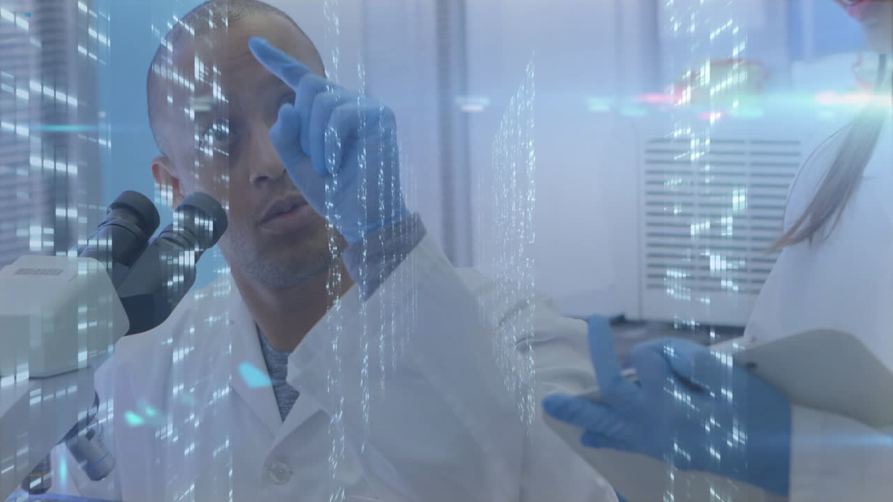 Analyzing data with digital overlay, scientist in lab coat using animation