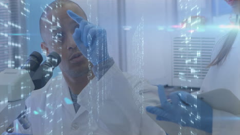 analyzing data with digital overlay, scientist in lab coat using animation