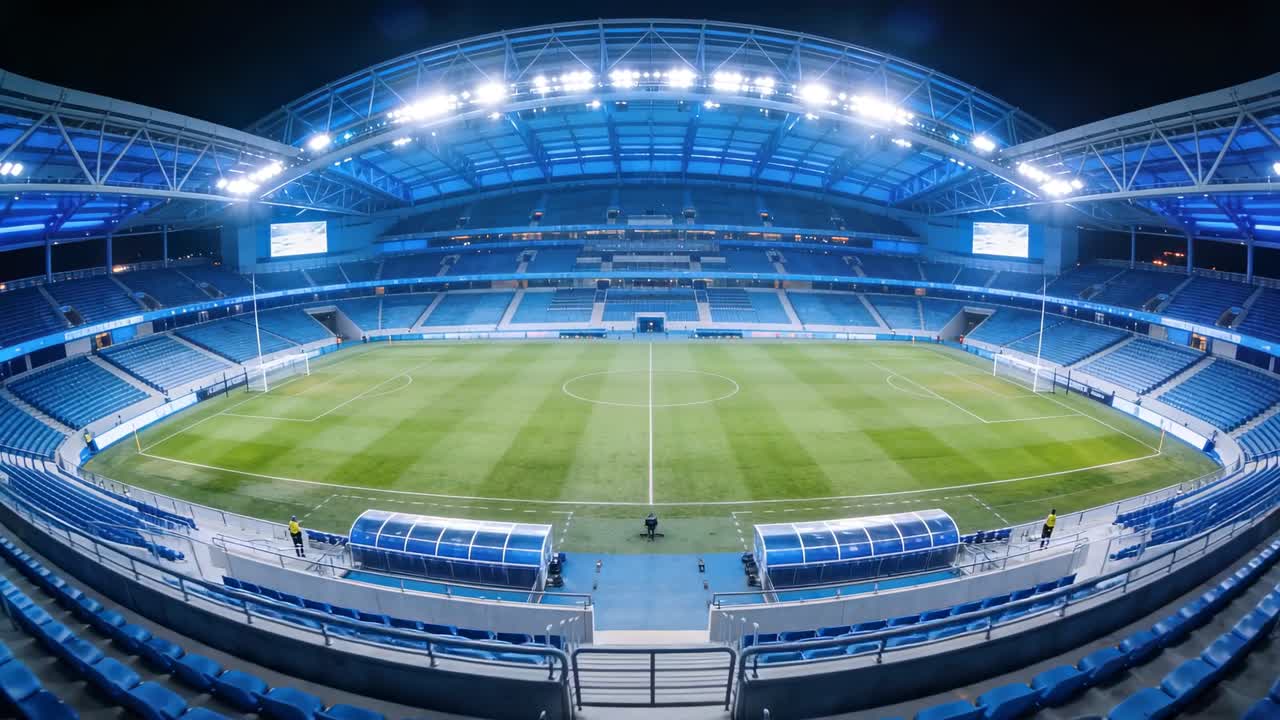 Telecamera panoramica che mostra il campo illuminato e le panchine dopo la partita, con il personale che indossa giubbotti ad alta visibilità e prepara un carrello.