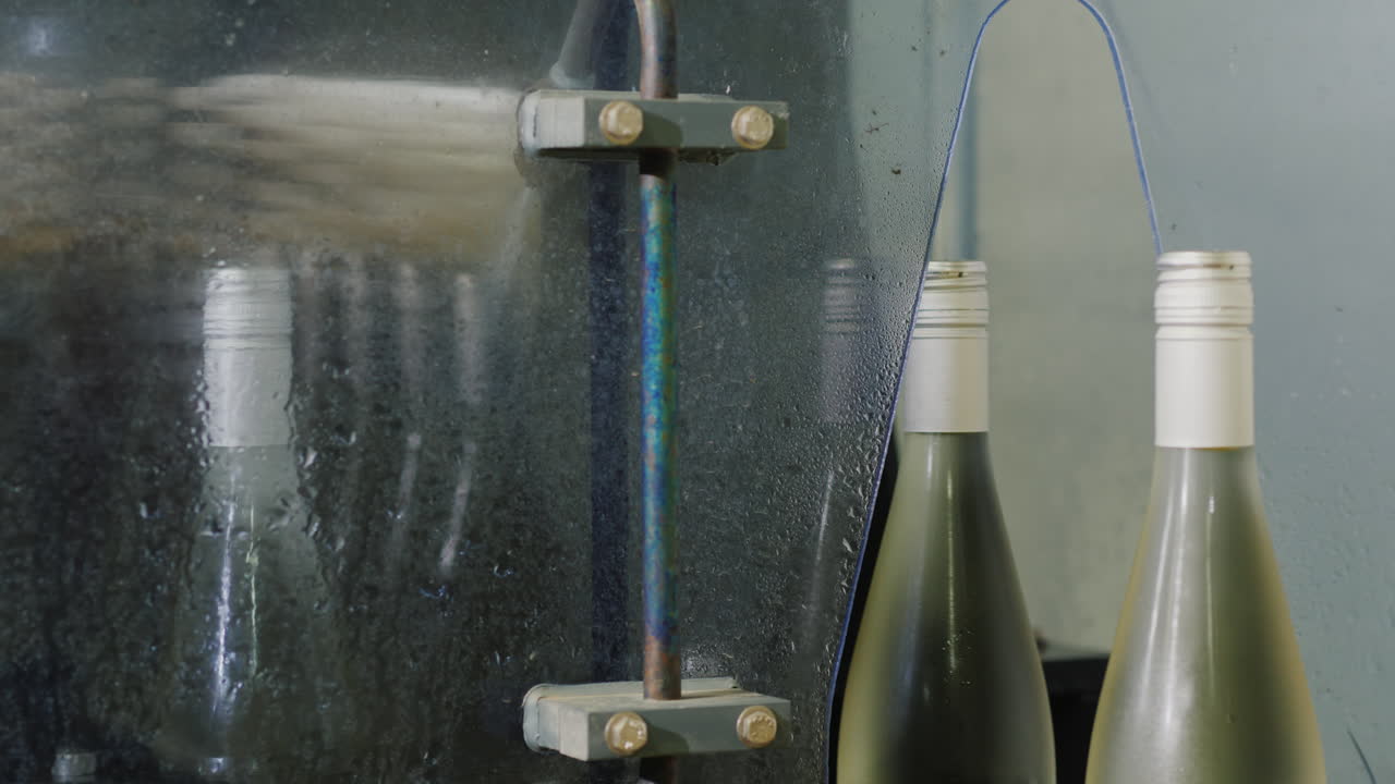 컨베이어를 따라 물로 세척되는 차로 이동하는 와인 병