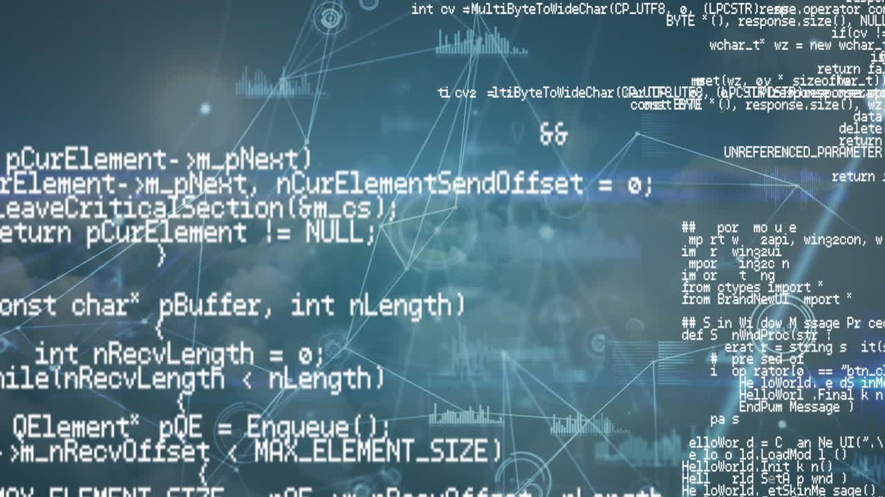 Digital animation of network of connections and data processing against grey background