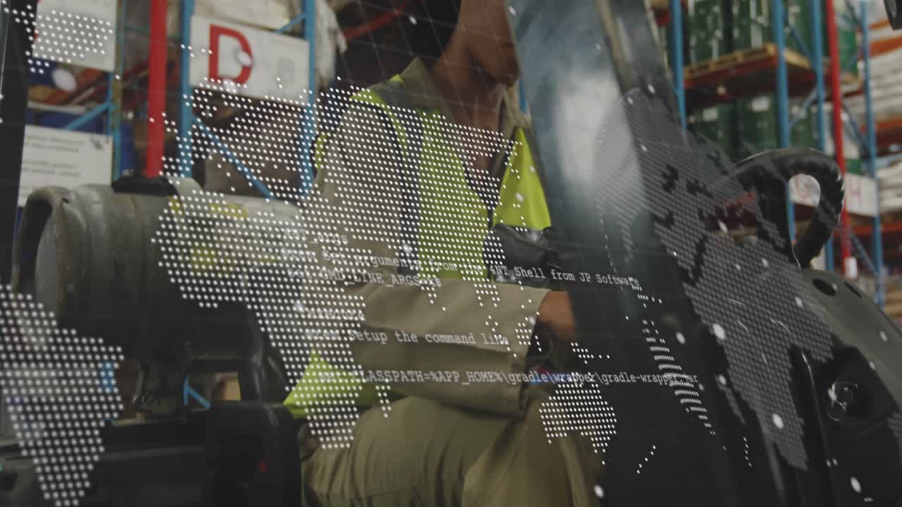 Woman technician in warehouse answering tablet alert, inspecting unit, viewing map and code overlay