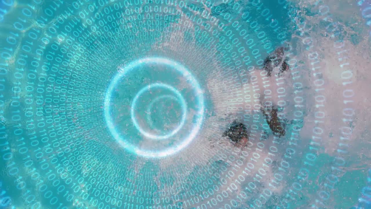 Couple jumping in the water with binary codes