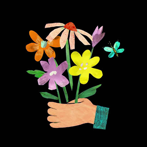 colorful flowers with butterfly illustration animation isolated asset, transparent 4k video, alpha