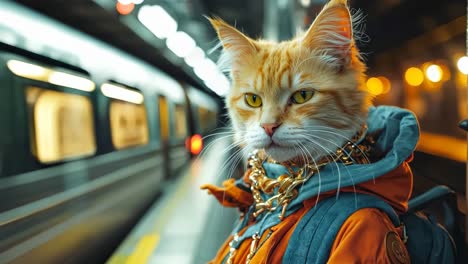 a cat wearing a backpack standing on a subway platform