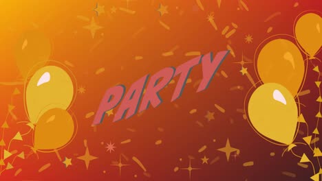 Animation-of-happy-party-text-in-red,-with-yellow-balloons-on-orange-background