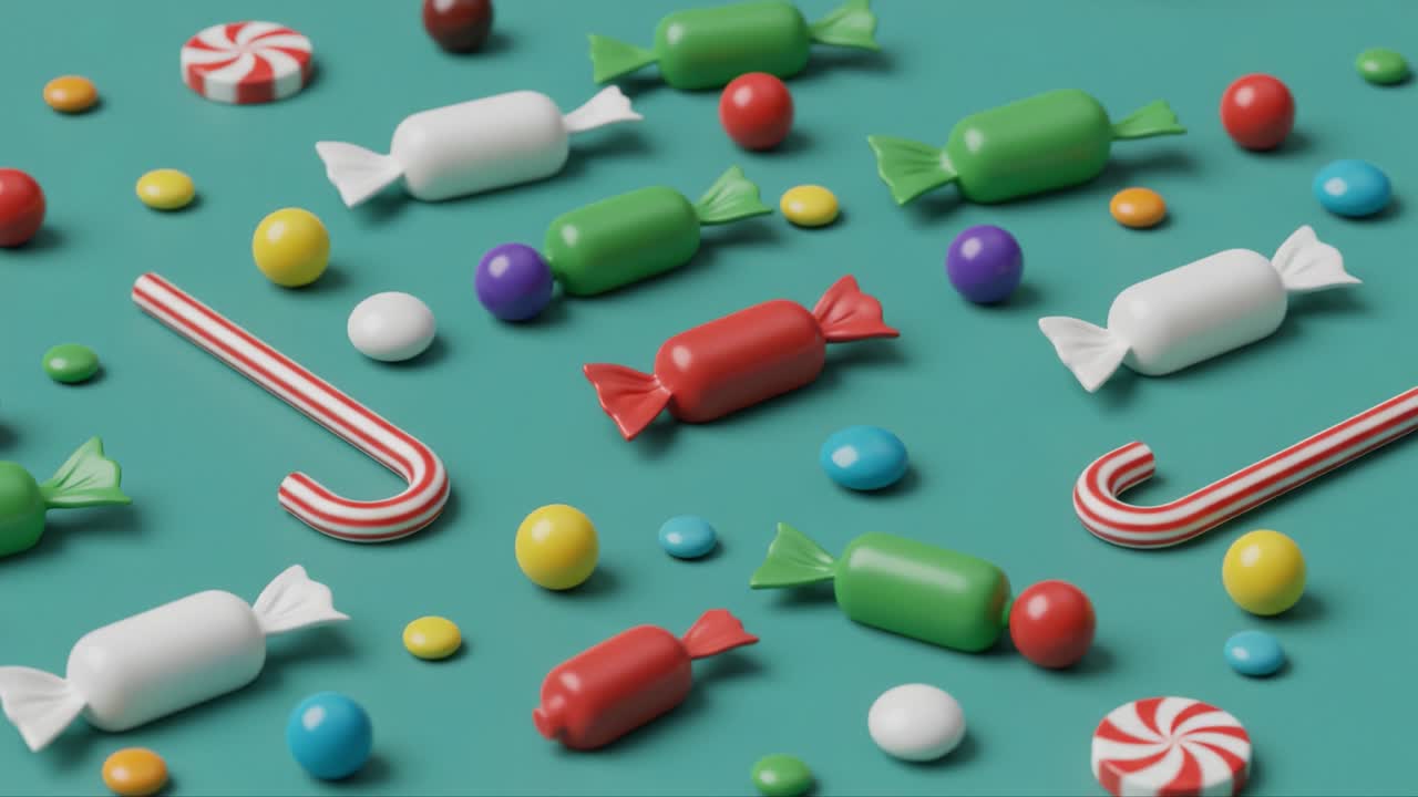 A Vibrant Arrangement of Colorful Candy and Sweets on a Teal Background, Featuring Festive Treats Like Peppermint Canes and Colorful Round Confections