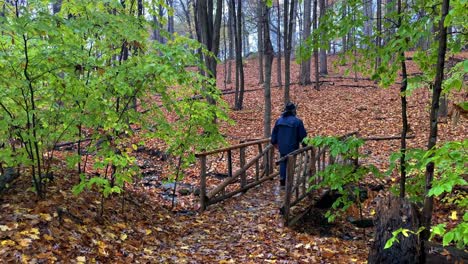 Hombre-Con-Chaqueta-De-Lluvia-Y-Sombrero-De-Vaquero-Caminando-Y-Cruzando-Un-Puente-Forestal-Durante-Un-Día-Lluvioso-En-Otoño-Con-Hojarasca-En-El-Suelo