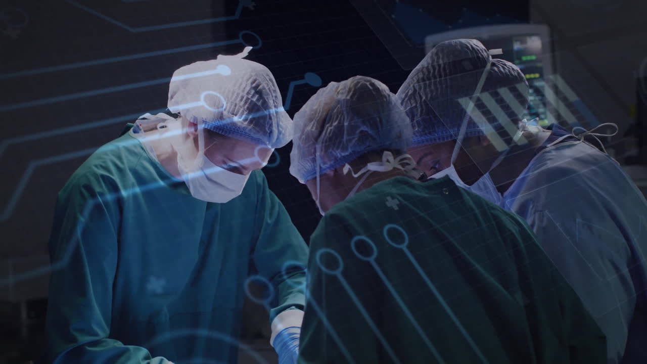 Surgeons in operating room with digital data processing animation overlay