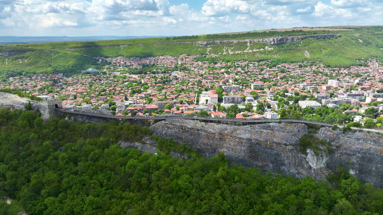 Medieval Fortress Of Ovech Near Provadia In Bulgaria On Sunny Day. pullback drone shot