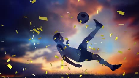 Animation-of-confetti-floating-caucasian-soccer-player-at-sunset