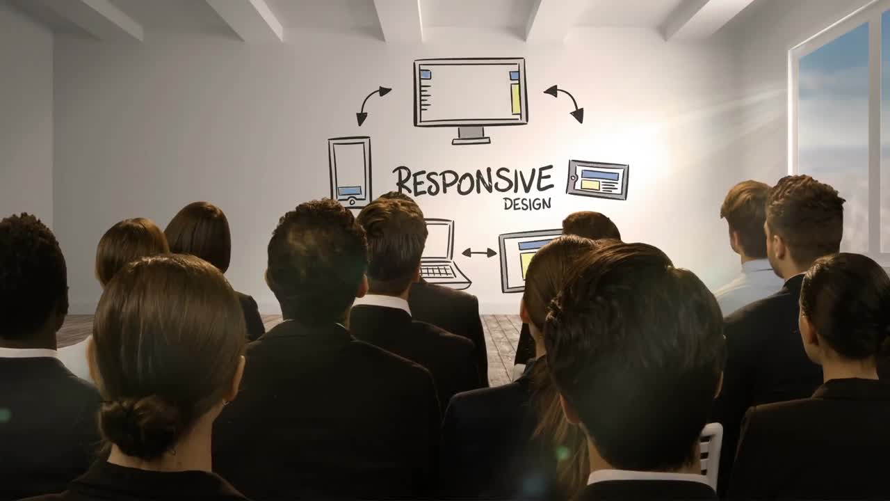 반응형 디자인을 보여주는 디지털 화면을 보는 사업가들