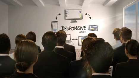 gente de negocios mirando una pantalla digital que muestra un diseño receptivo