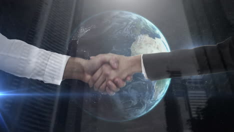 animation of businessman and businesswoman shaking hands over cityscape and globe