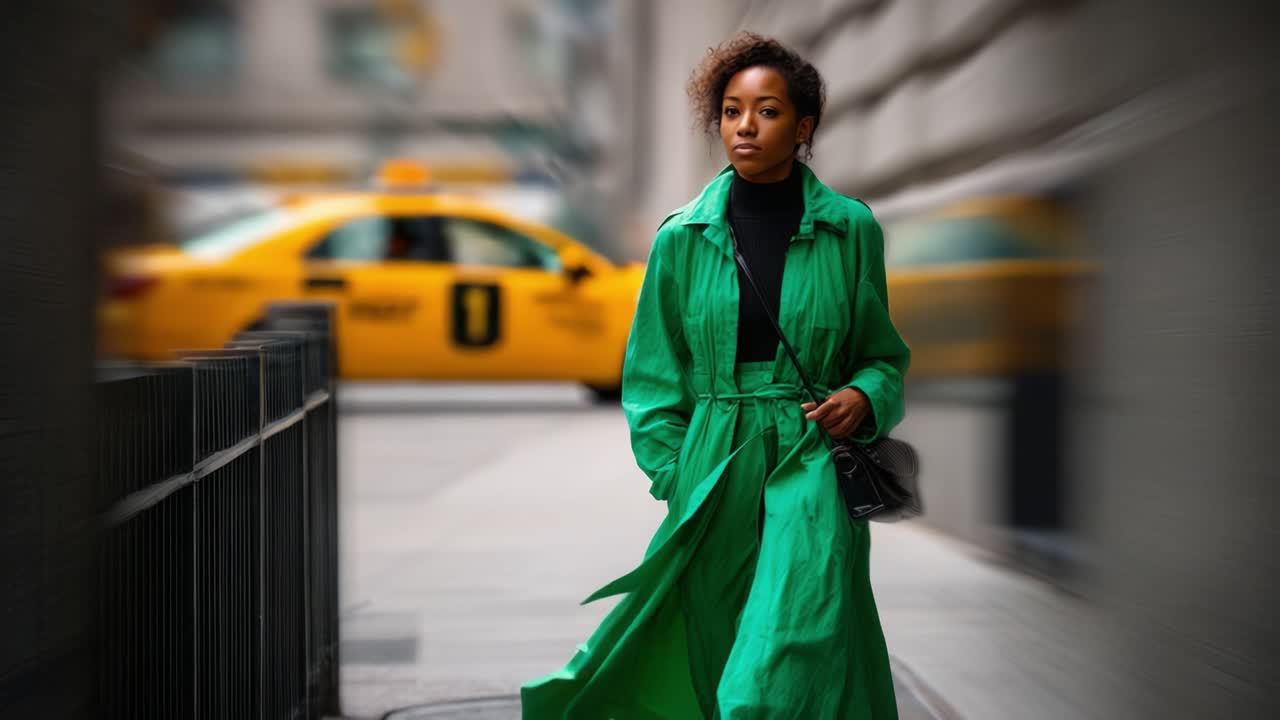 A Stylish Woman in a Vibrant Green Coat Walks Confidently Down a City Street, Capturing the Essence of Urban Fashion Amidst Bustling City Life