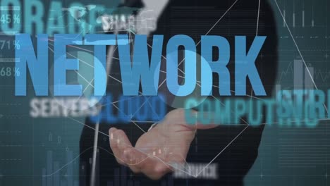animation of business management text over businessman using interface and data processing