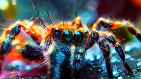 a close up of a jumping spider with blue eyes