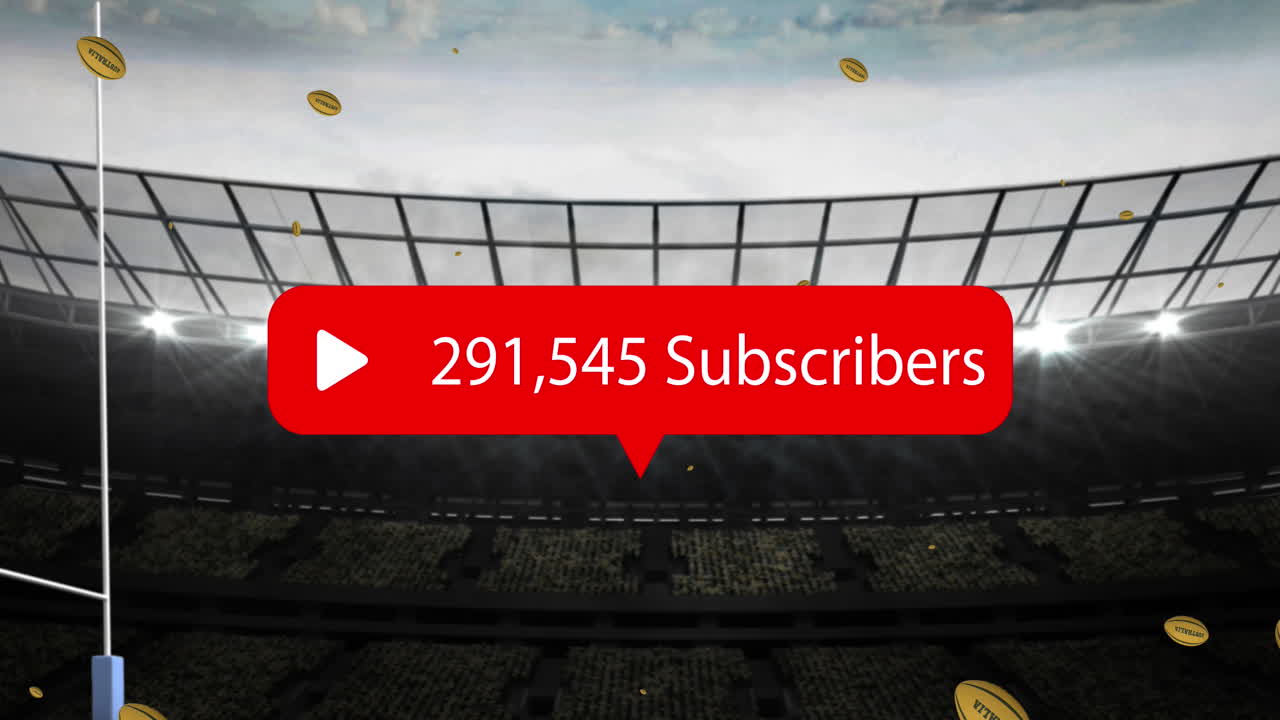 animación del icono de los medios sobre las pelotas de rugby que caen con el texto australia en el estadio