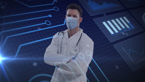 animación de un médico caucásico en máscara y procesamiento de datos científicos sobre fondo azul.