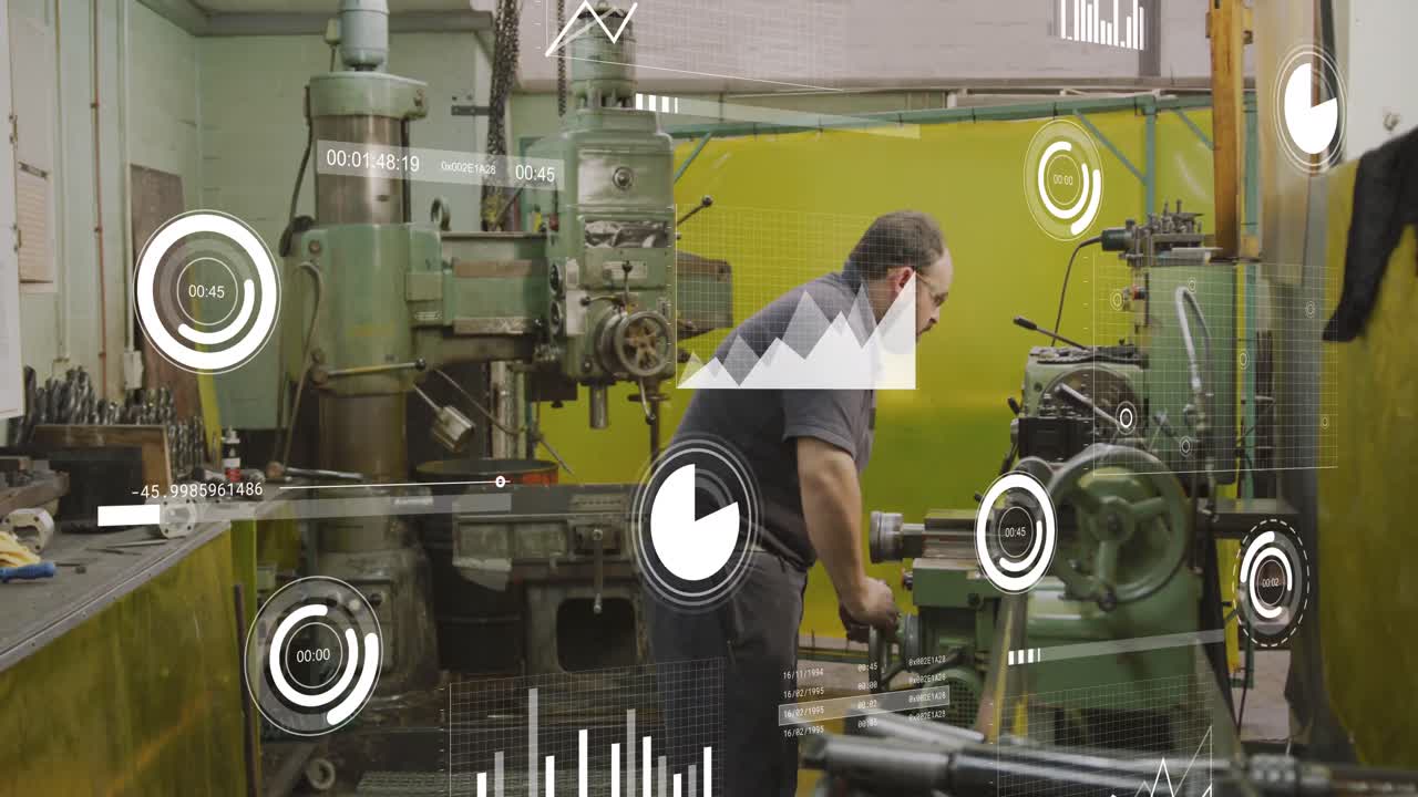 анимация нескольких графиков и загрузочных барок над кавказским механиком, управляющим машинами в гараже.