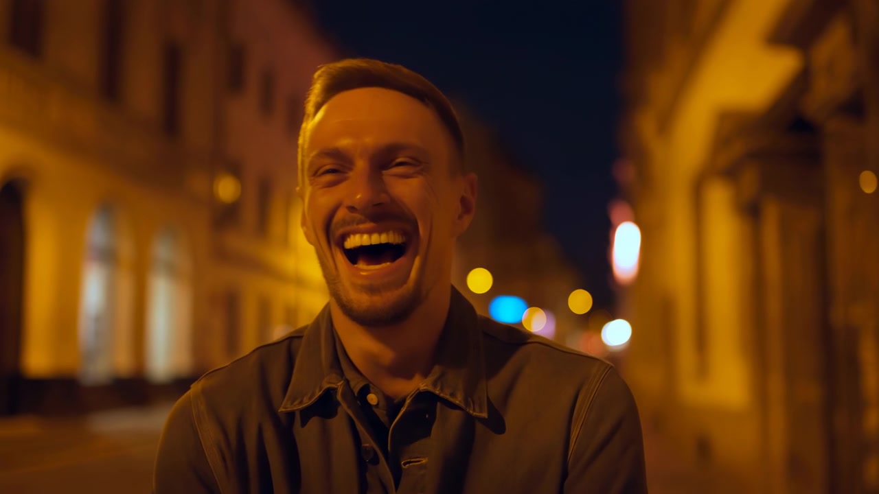 Un ritratto frontale mostra un uomo adulto che passa da un sorriso a una risata aperta all'aperto di notte, con calda illuminazione architettonica, cielo scuro e un morbido bokeh lungo la strada.