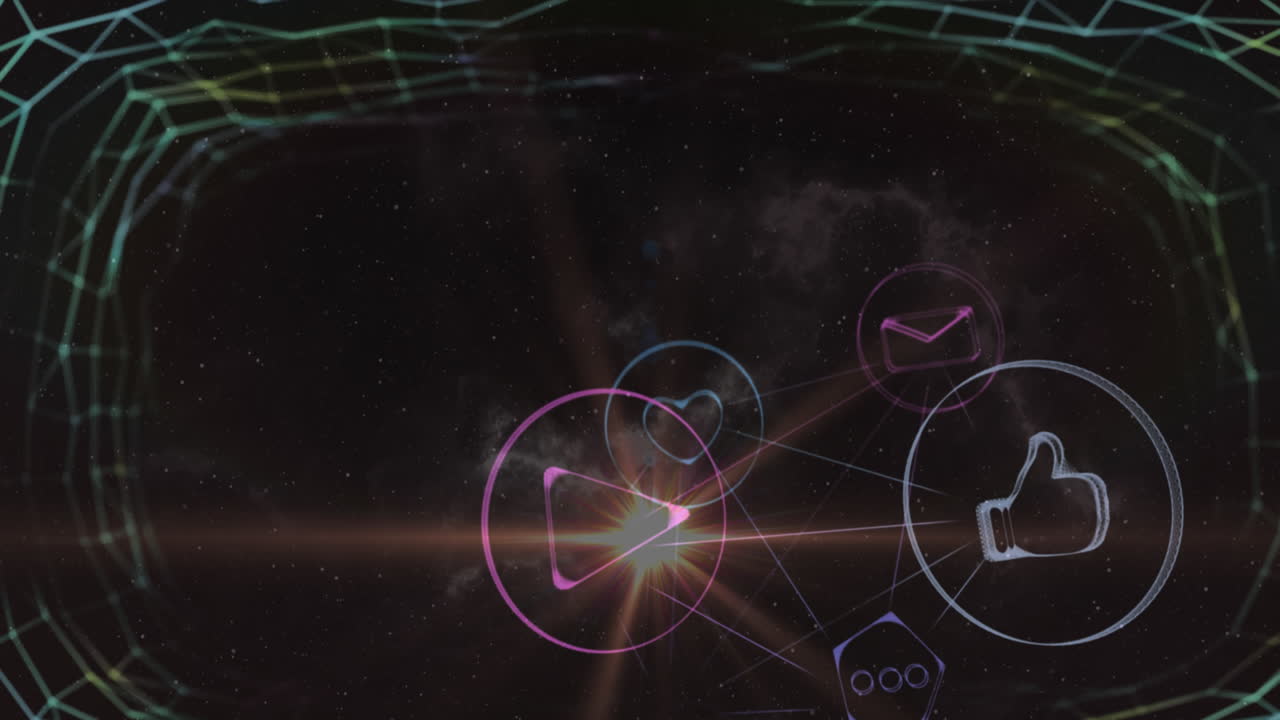 디지털 아이콘 네트워크의 애니메이션과 배경의 공간에 대한 빛의 점