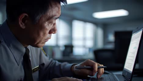 focused professional working intently on a laptop, capturing the essence of modern workplace dynamics and dedication in the digital age
