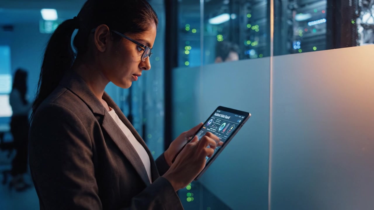 Professional woman analyzing data on tablet in a secure server room environment, showcasing modern technology and data-driven decision making in a corporate setting.