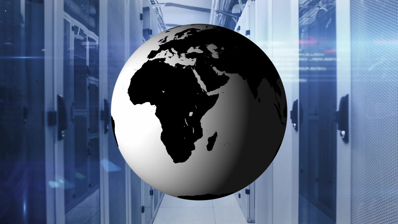 Rotating globe animation over data center servers