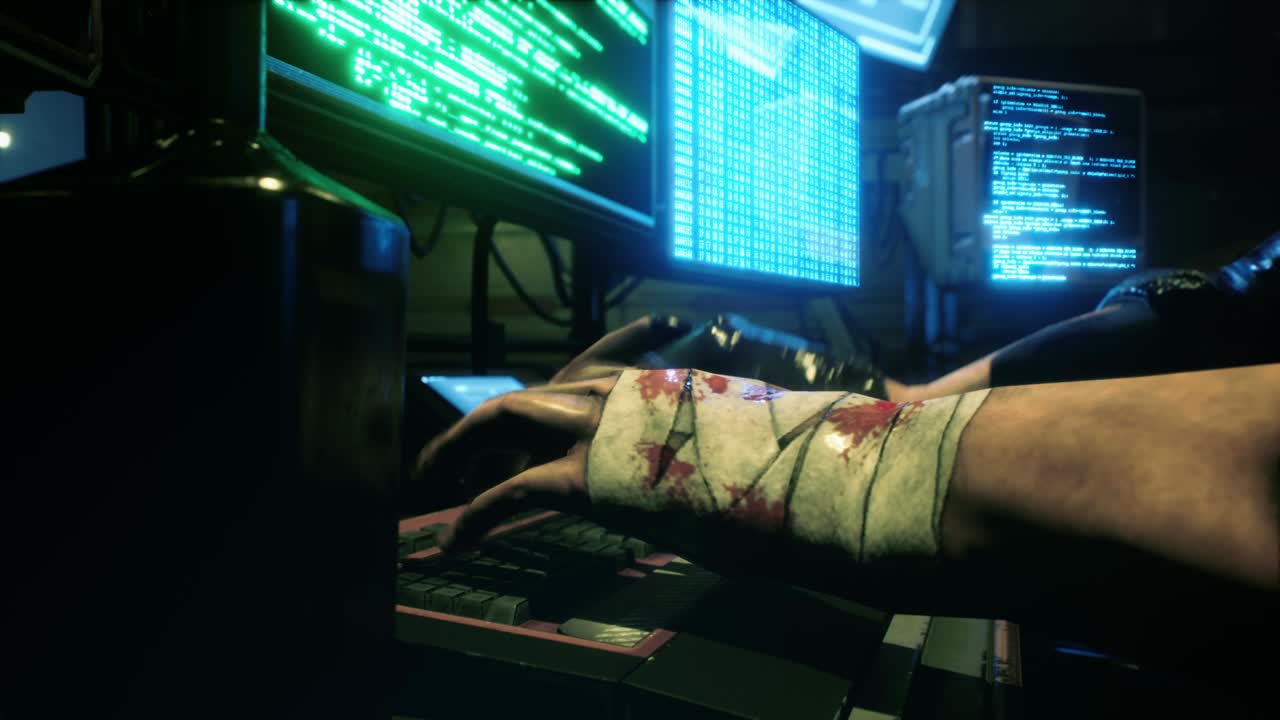 un hacker lleva a cabo un ataque informático en la red de otra persona usando su computadora. el programador está codificando en su computadora. animación para fondos de ficción, cibernética y ciencia ficción.