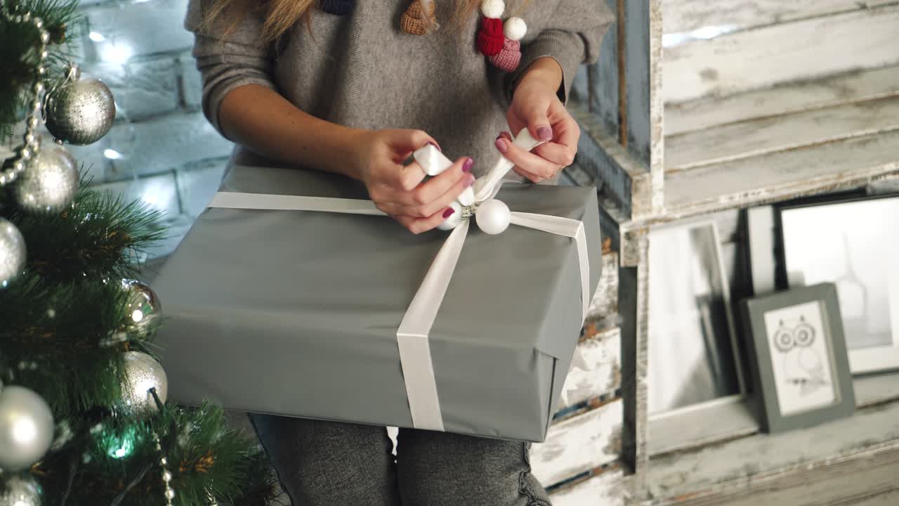 Woman celebrating Christmas. Christmas and New Year scene with young woman in the living room