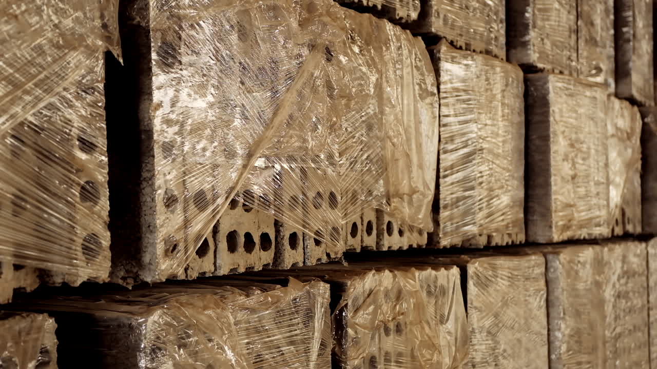 Concrete blocks at factory. Stack of precast concrete slabs in factory workshop