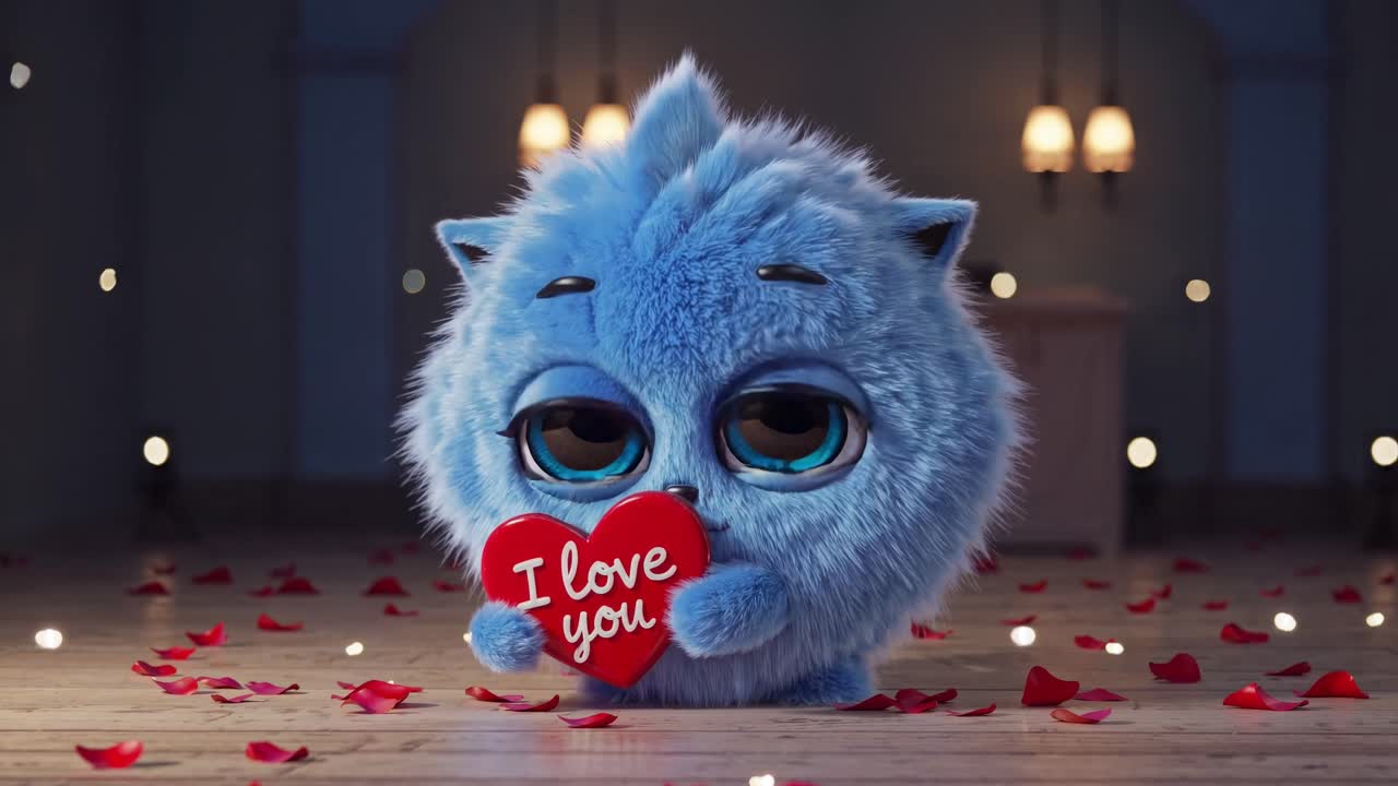 adorable, esponjosa, azul, criatura animada se sienta en un suelo de madera cubierto de pétalos de rosa roja, sosteniendo un corazón rojo que dice te quiero, expresando afecto en una habitación débilmente iluminada con luces cálidas