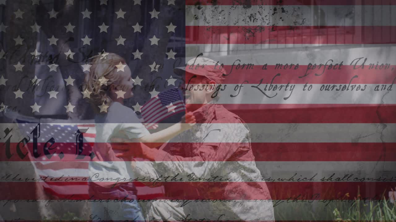 animación de la bandera de los estados unidos de américa sobre un soldado con una hija