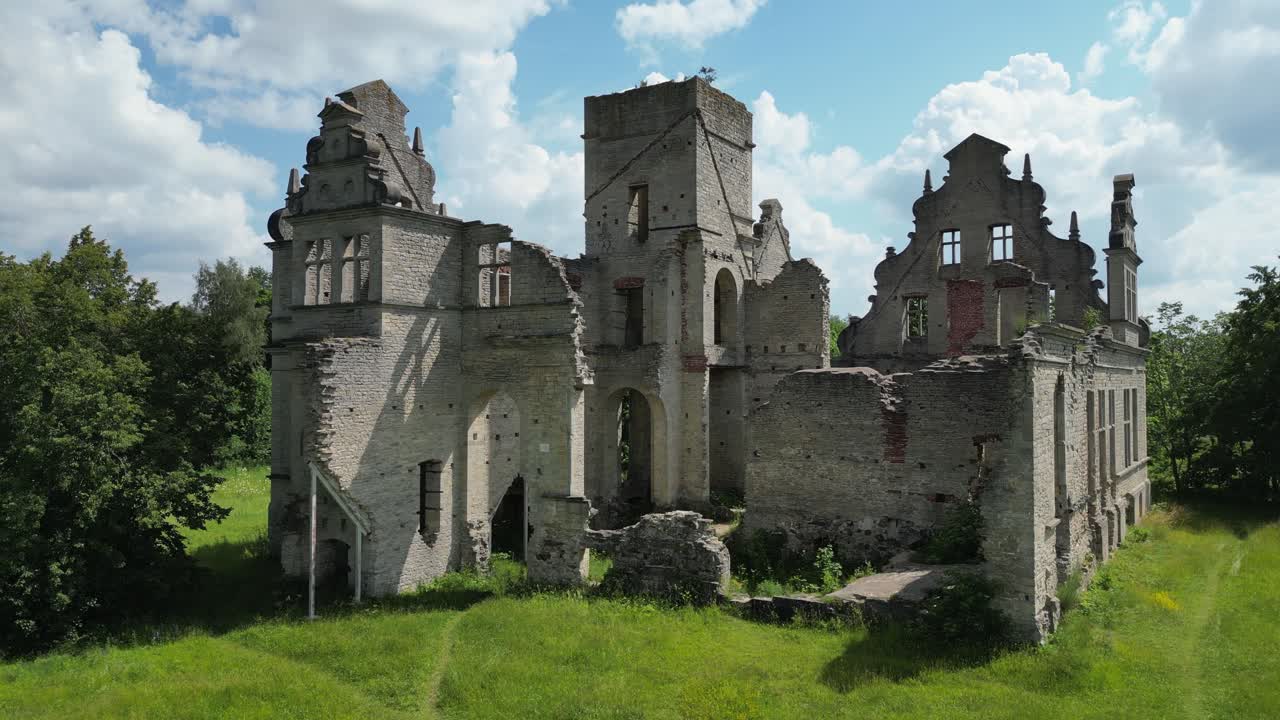 Flyover stone ruins of neo-Baroque Ungru Castle in Haapsalu, Estonia