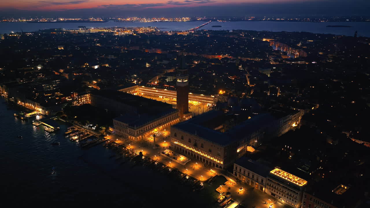 Aerial drone view of Venice City, Italy in the evening