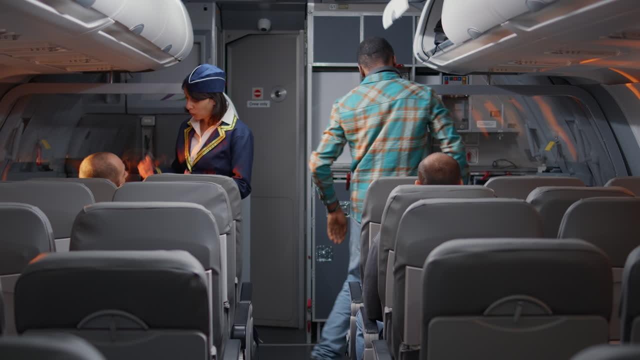 Diverse group of tourists flying in economy class by airplane