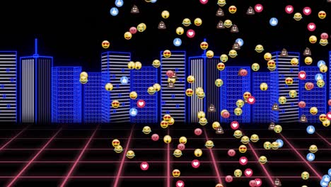 Digital-animation-of-multiple-emojis-falling-over-3d-city-model-against-black-background