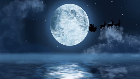 silhouette of santa claus in sleigh being pulled by reindeers against moon