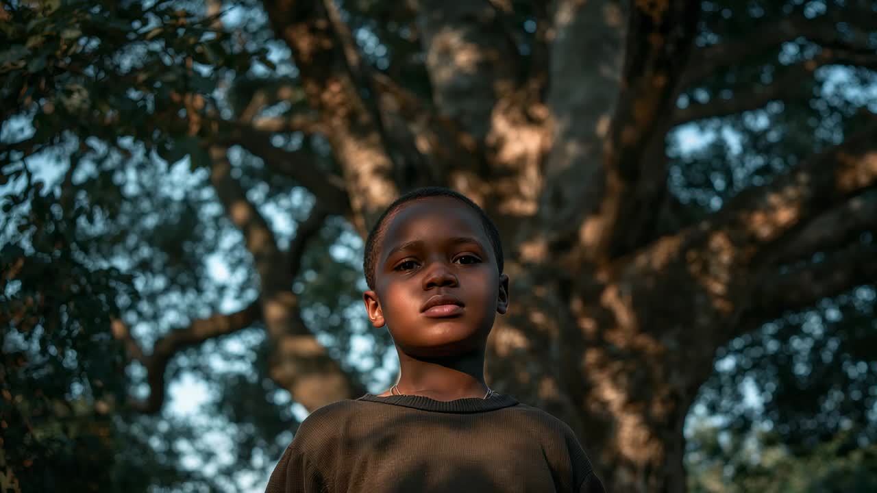 Standing kid in dark tee holding gaze by tree, camera pulling back showing dappled sun, portrait
