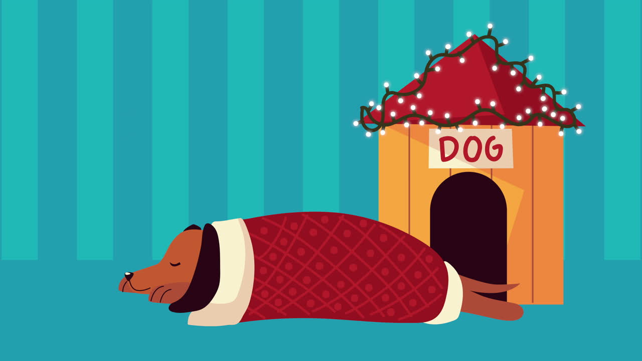 크리스마스 의상과 집과 함께 잠을 자는 귀여운 작은 개