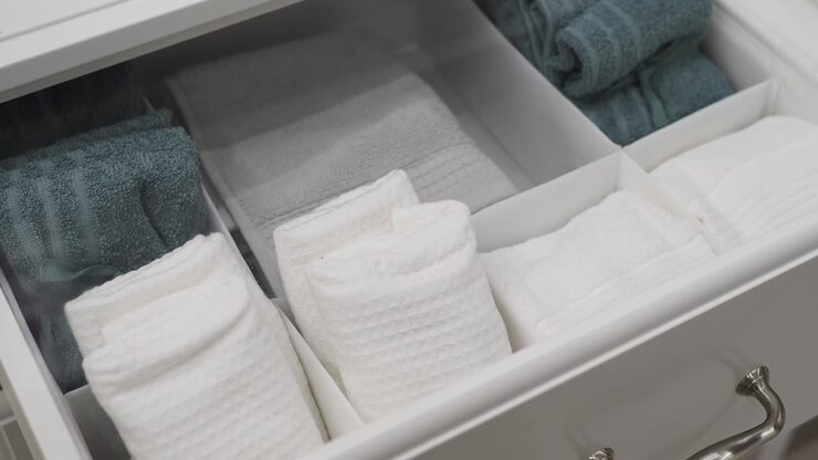 Organized Bathroom Drawer with White and Teal Towels