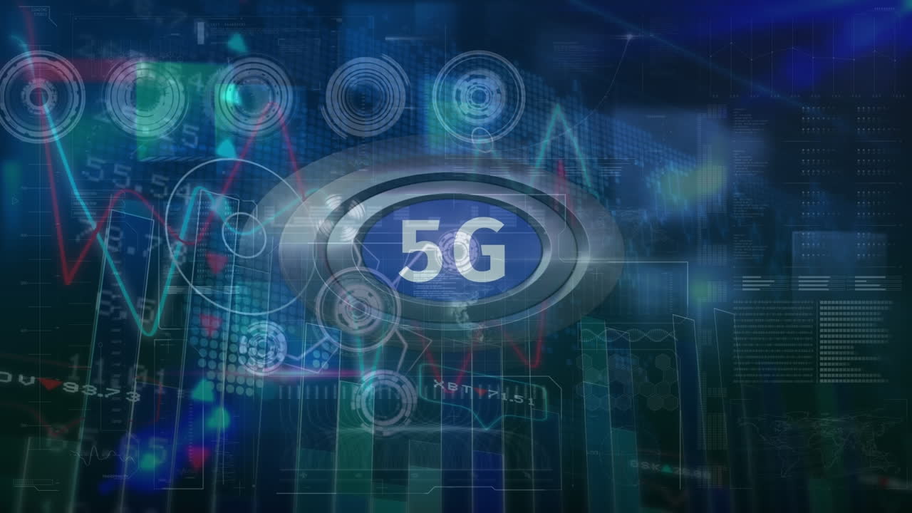 animazione di grafici e dati finanziari su 5g e schermo blu