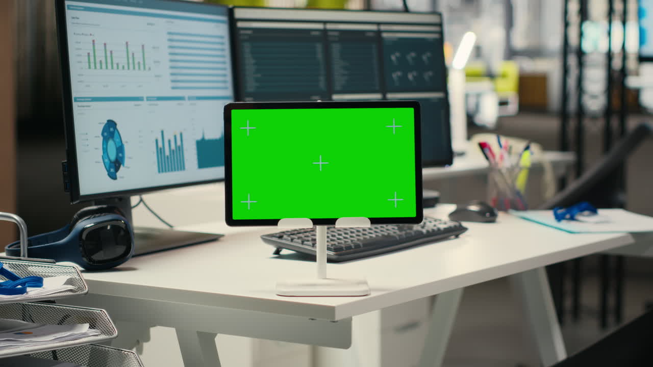 Empty corporate workspace features digital resources and mockup screen