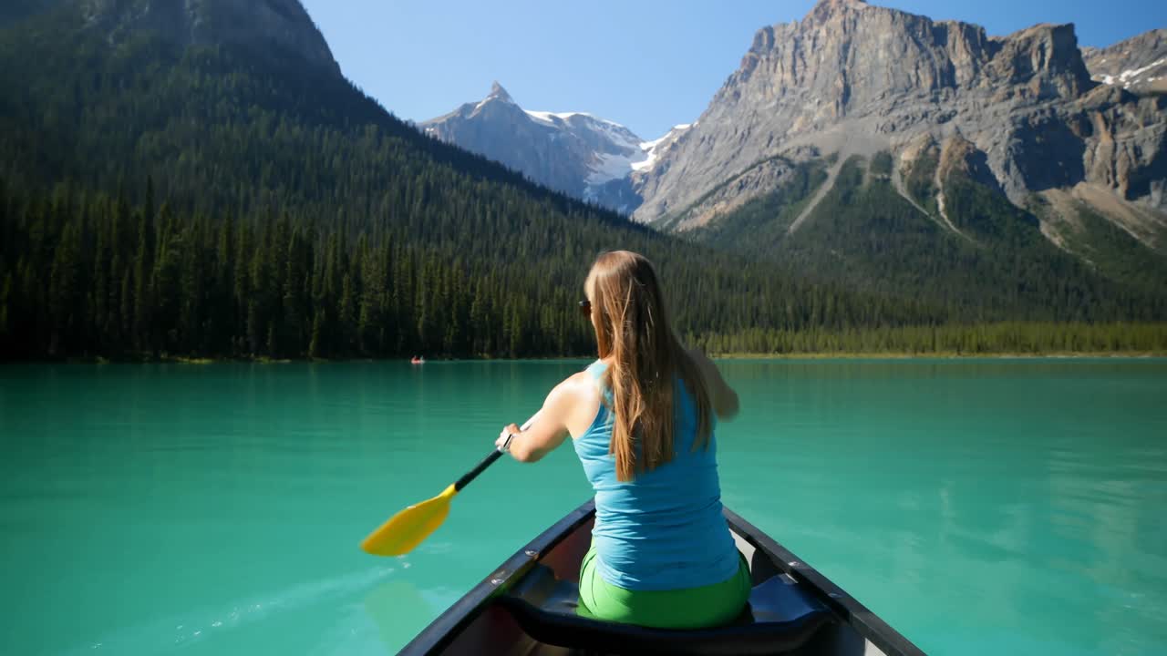 젊은 백인 여성이  ⁇ 빛 아래 터키색 강에서 배를 타고 뒷면으로 보입니다. 4k