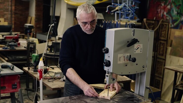 Portrait of an adultgrey haired man working with milling machine while carving a wooden pattern in a working room at workshop . Action. Woodworking industry
