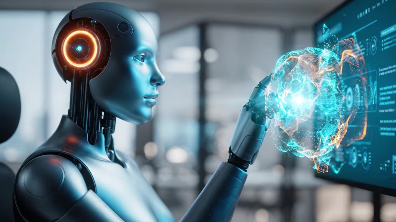 A futuristic robotic figure interacts with a digital interface, showcasing advanced technology and data visualization in a high-tech environment.
