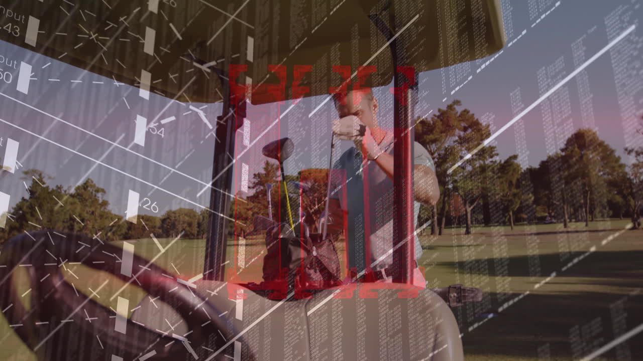 Male golfer selecting club next to golf cart on fairway, with animated tech charts floating above