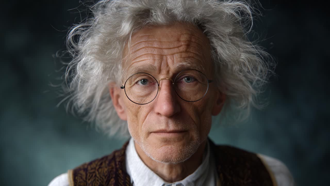 Ritratto di un anziano studioso con capelli selvaggi e occhiali, che mostra espressioni particolari in un ambiente con illuminazione soffusa, catturando saggezza e curiosità